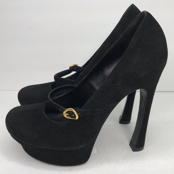 YSL Yves Saint Laurent Black Suede Tribtoo Mary Jane Platform Heels Size 38 - Picture 15 of 16